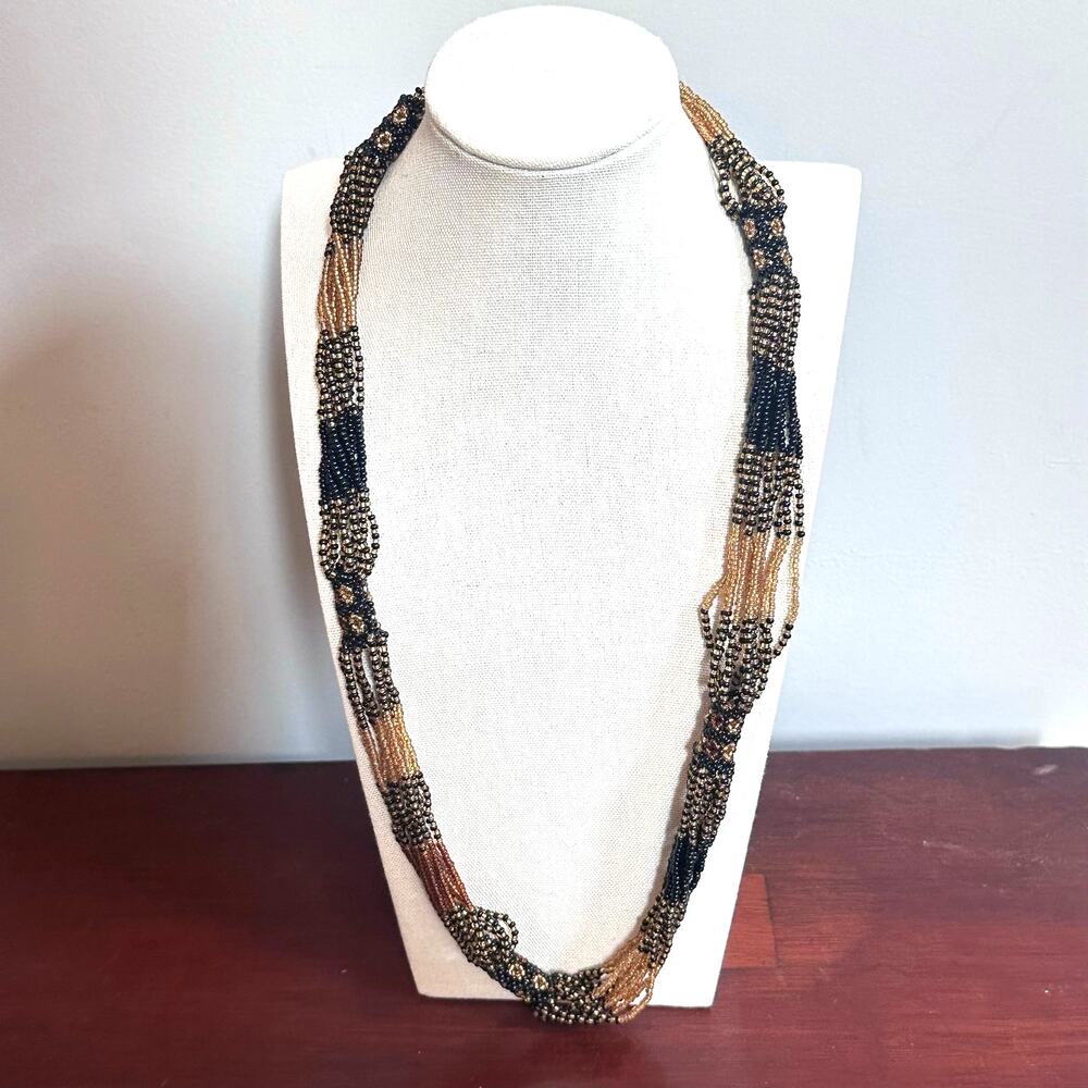 Boho Seed Bead necklace Continuous Loop Bohemian Casual Multistrand Brown Black